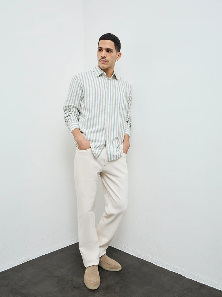 WES Casuals Green Striped Relaxed-Fit Cotton-Blend Shirt - Image 2
