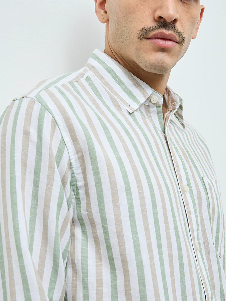 WES Casuals Green Striped Relaxed-Fit Cotton-Blend Shirt - Image 3