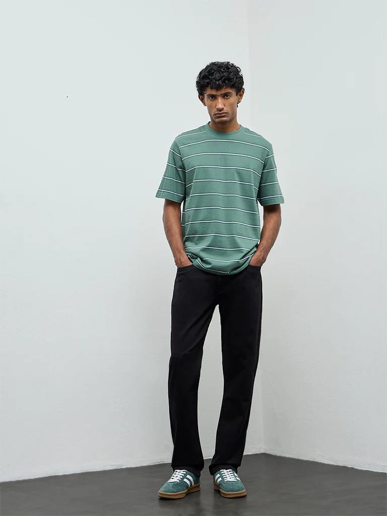 WES Casuals Green Striped Relaxed-Fit Cotton T-Shirt