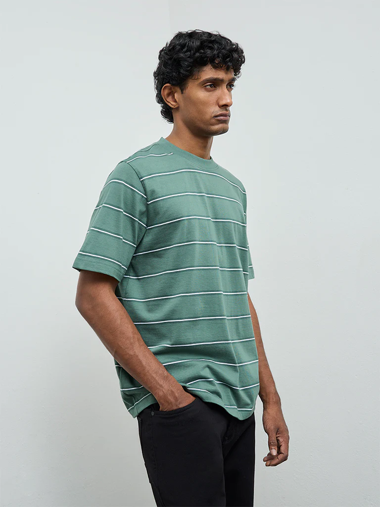 WES Casuals Green Striped Relaxed-Fit Cotton T-Shirt - Image 3