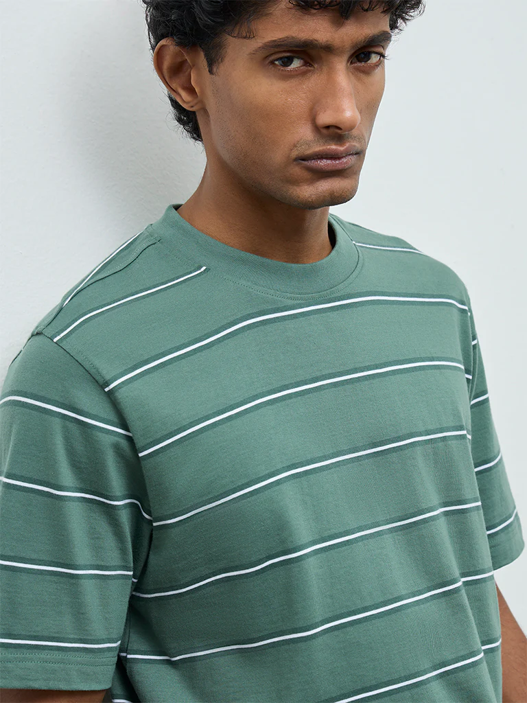 WES Casuals Green Striped Relaxed-Fit Cotton T-Shirt - Image 4