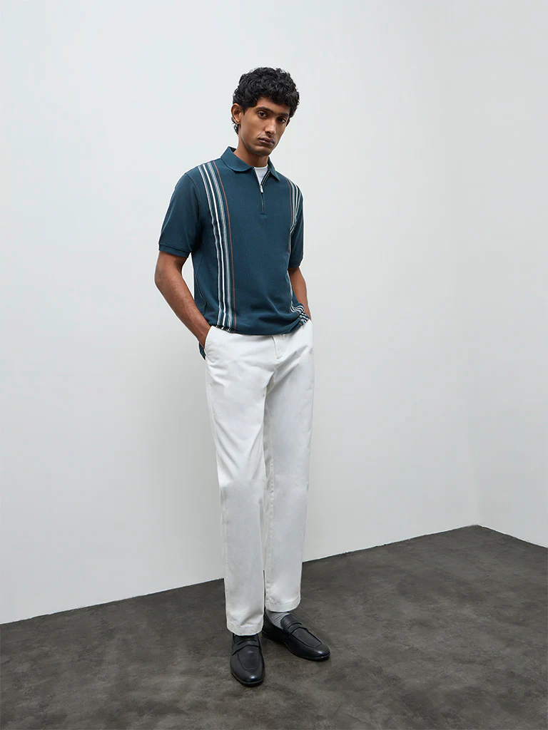 WES Casuals Green Striped Relaxed Fit Quarter-Zip Polo T-Shirt - Image 3