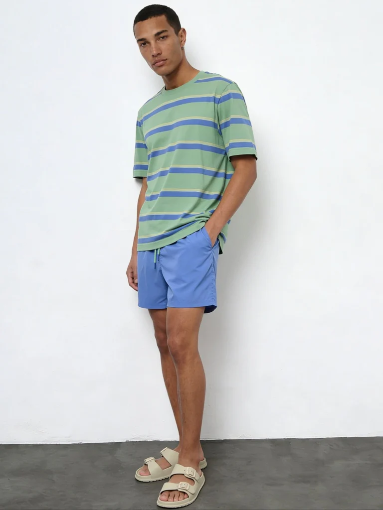 WES Casuals Green Striped Relaxed-Fit Swimwear T-Shirt
