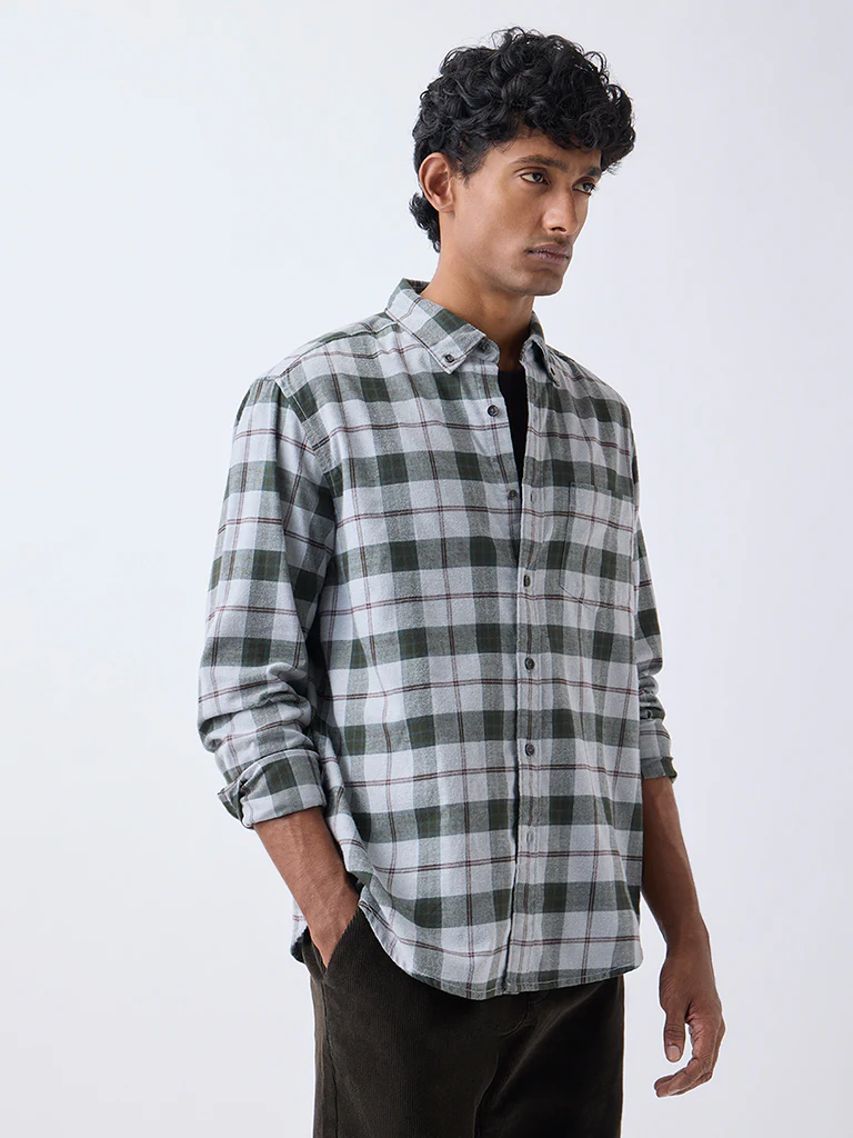 WES Casuals Grey Checks Design Relaxed-Fit Cotton-Blend Shirt - Image 2