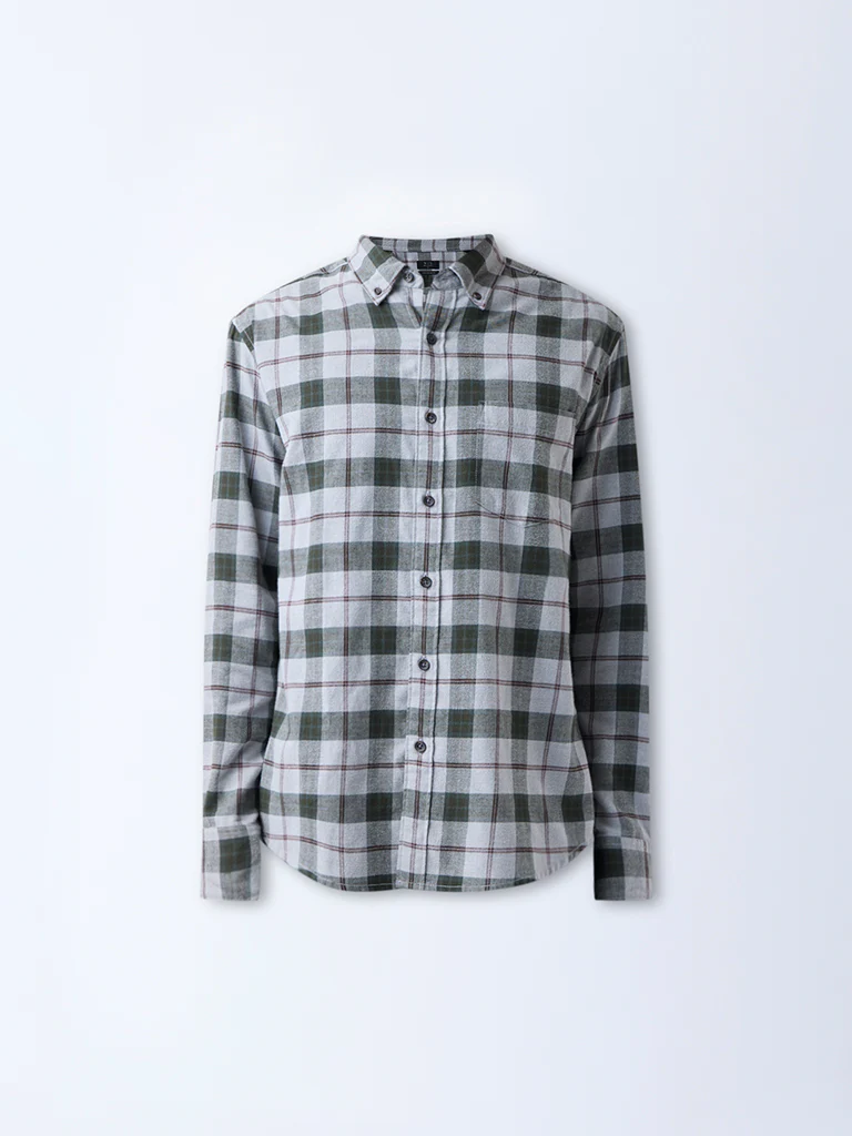 WES Casuals Grey Checks Design Relaxed-Fit Cotton-Blend Shirt - Image 5