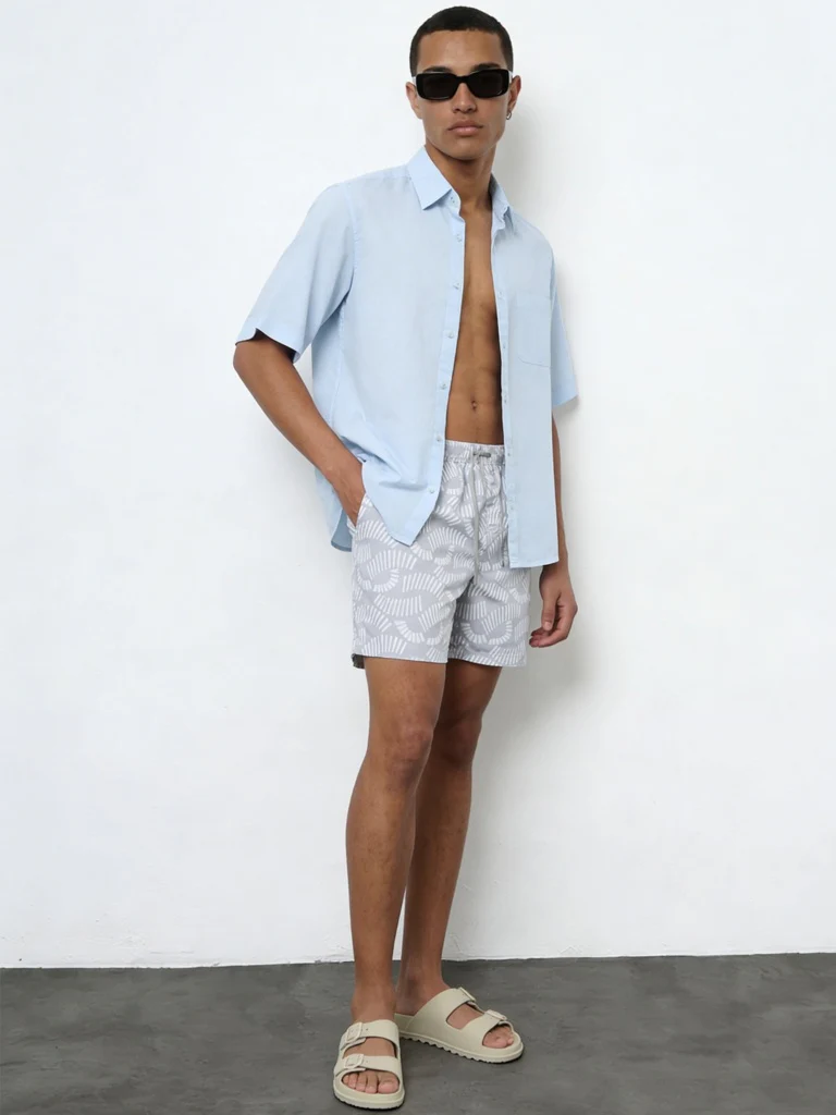 WES Casuals Grey Printed Relaxed Fit Mid-Rise Swimwear Shorts
