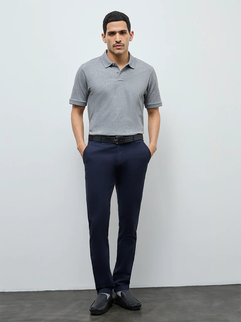 WES Casuals Grey Relaxed-Fit Cotton-Blend Polo T-Shirt - Image 3