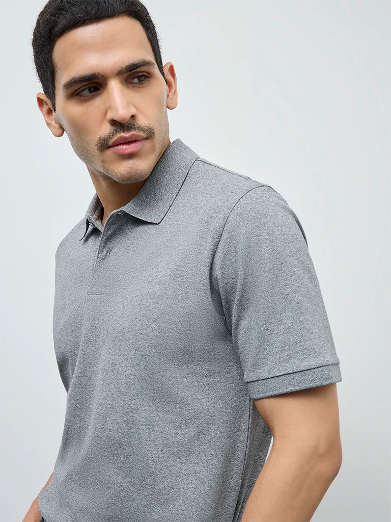WES Casuals Grey Relaxed-Fit Cotton-Blend Polo T-Shirt - Image 4