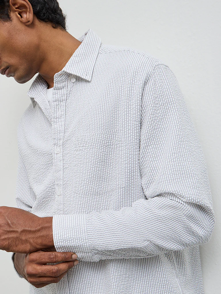 WES Casuals Grey Striped Relaxed-Fit Cotton Shirt - Image 3