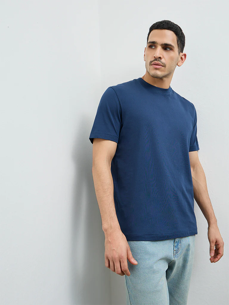 WES Casuals Indigo Solid Slim-Fit Cotton T-Shirt - Image 3