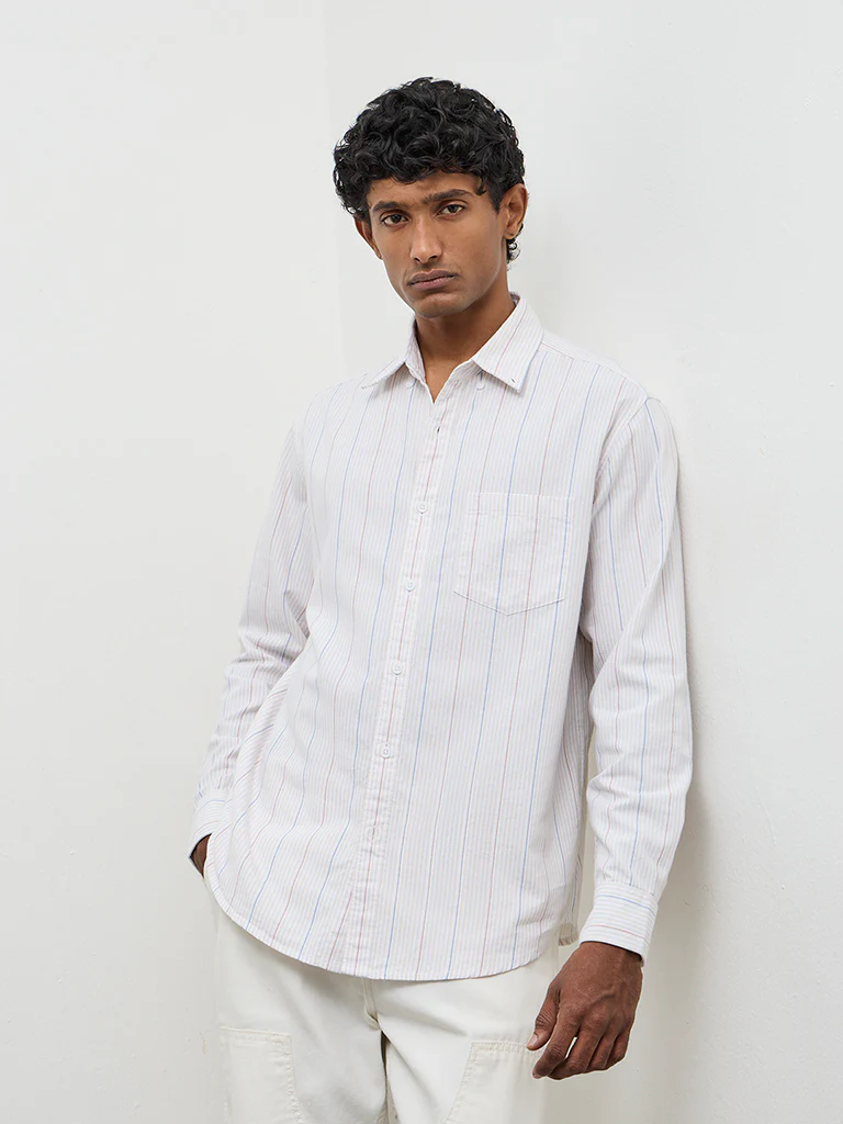 WES Casuals Light Beige Striped Relaxed-Fit Cotton Shirt - Image 2