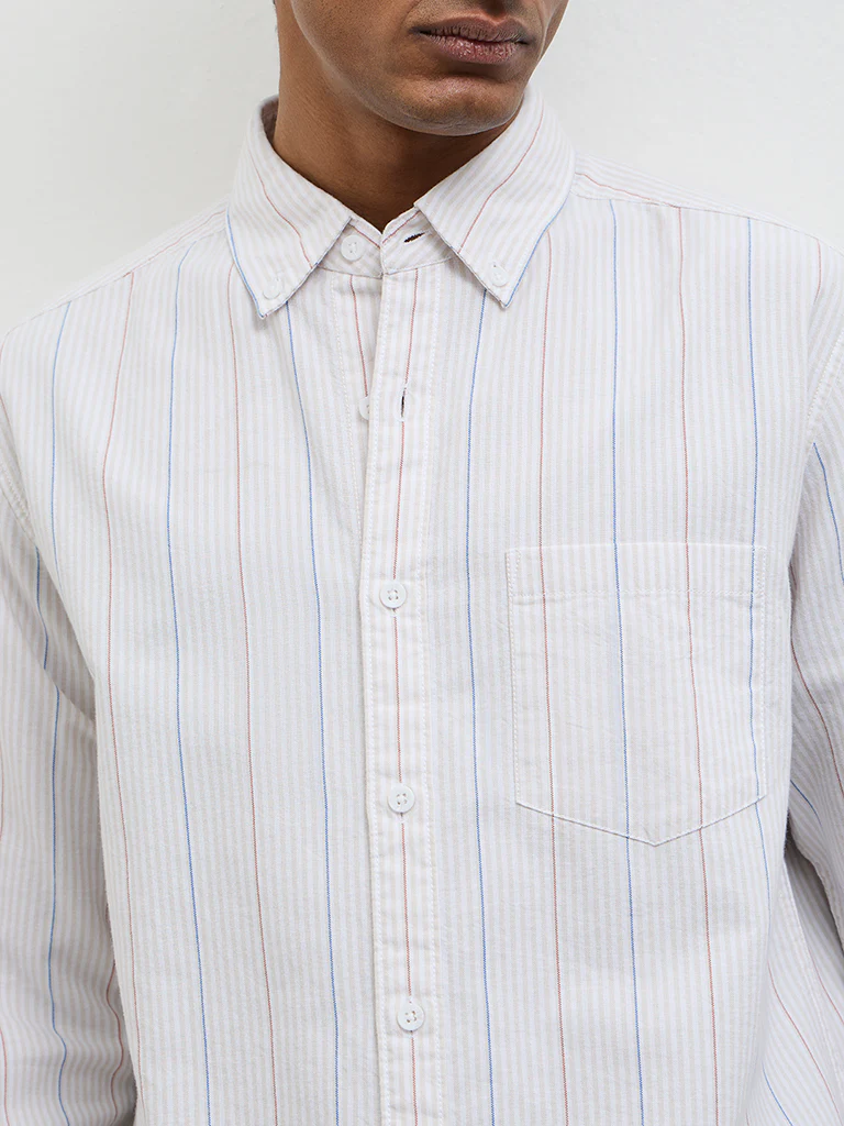 WES Casuals Light Beige Striped Relaxed-Fit Cotton Shirt - Image 3