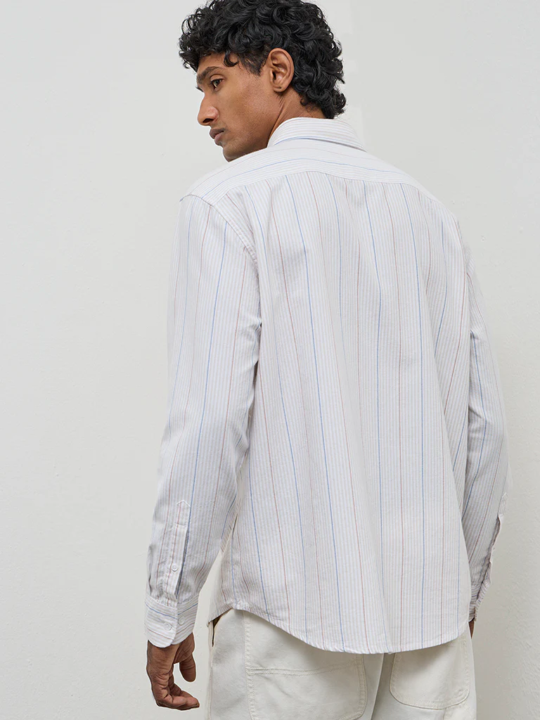 WES Casuals Light Beige Striped Relaxed-Fit Cotton Shirt - Image 4