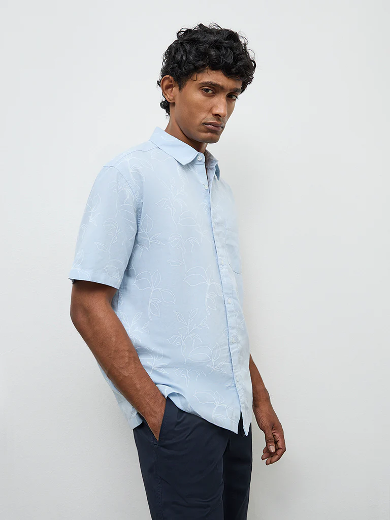 WES Casuals Light Blue Botanical Design Relaxed-Fit Cotton-Blend Shirt