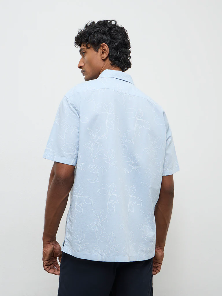 WES Casuals Light Blue Botanical Design Relaxed-Fit Cotton-Blend Shirt - Image 4