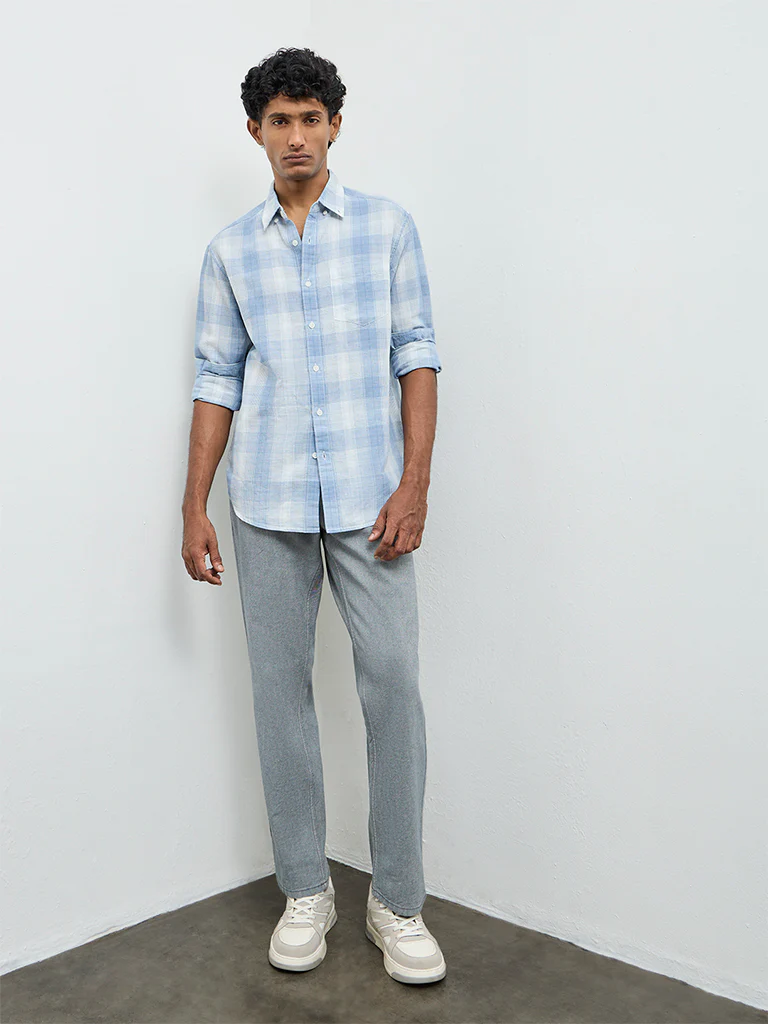 WES Casuals Light Blue Check Relaxed Fit Cotton-Blend Shirt - Image 2