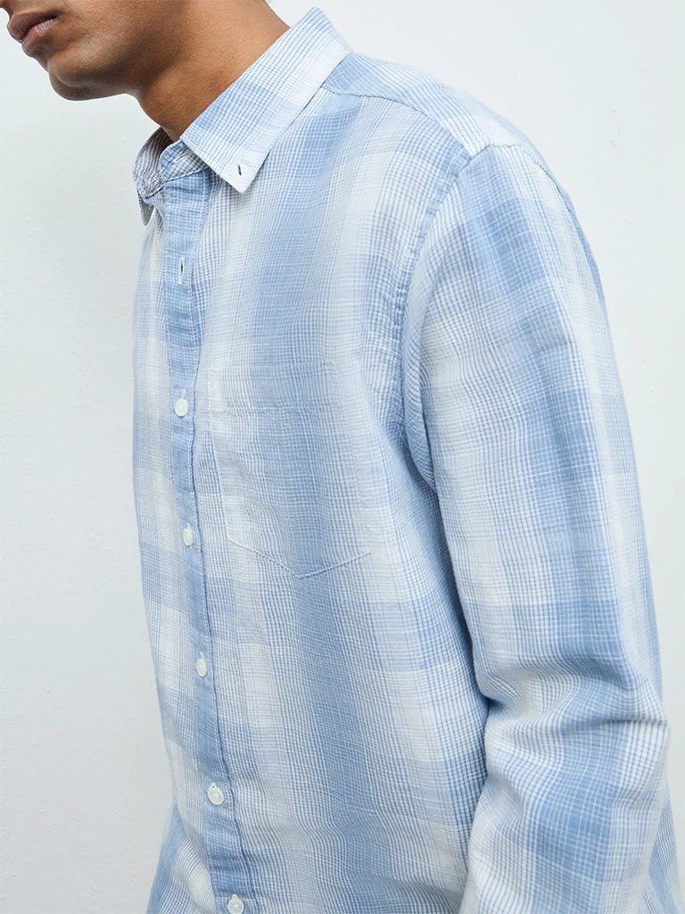 WES Casuals Light Blue Check Relaxed Fit Cotton-Blend Shirt - Image 3