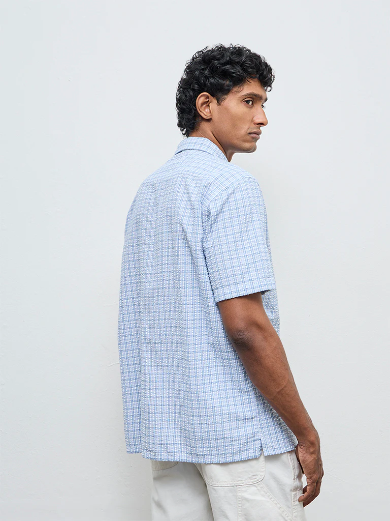WES Casuals Light Blue Check Relaxed Fit Cotton Shirt - Image 5