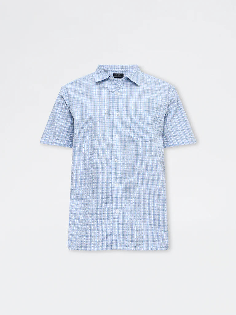 WES Casuals Light Blue Check Relaxed Fit Cotton Shirt - Image 6
