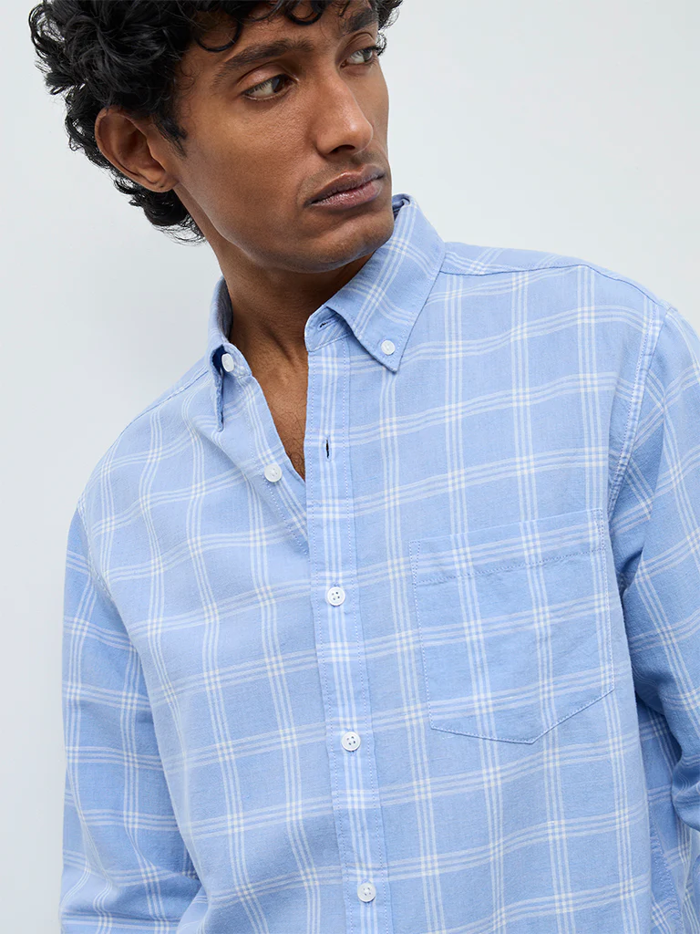 WES Casuals Light Blue Checkered Relaxed Fit Cotton-Blend Shirt - Image 3