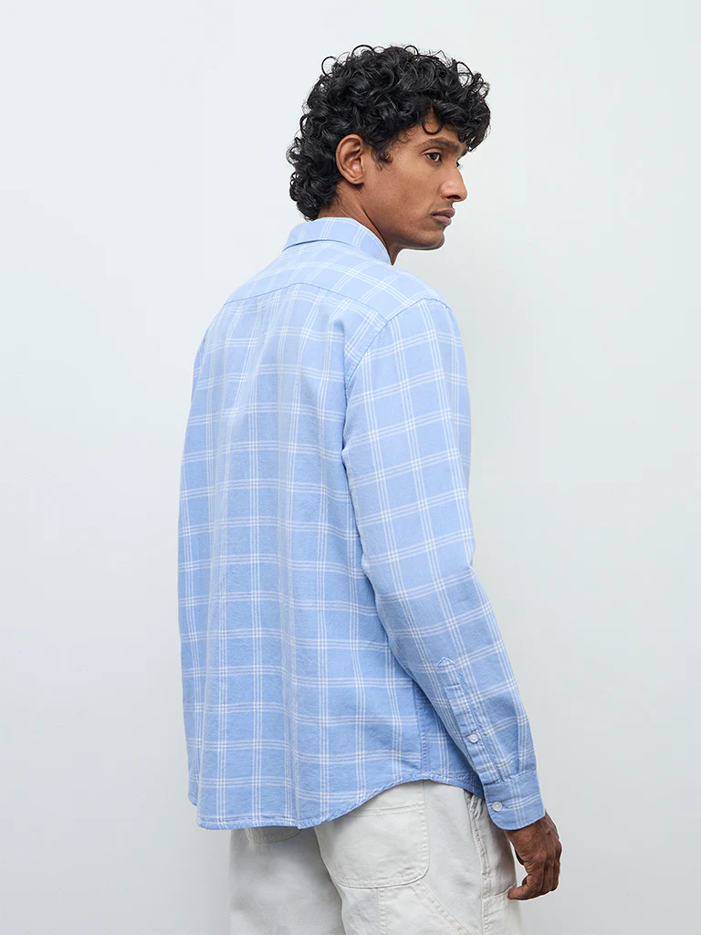 WES Casuals Light Blue Checkered Relaxed Fit Cotton-Blend Shirt - Image 4