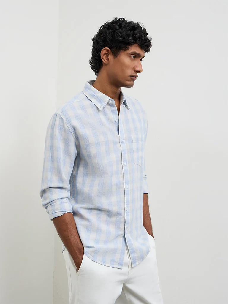 WES Casuals Light Blue Checkered Relaxed-Fit Cotton-Blend Shirt - Image 2