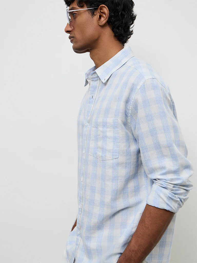 WES Casuals Light Blue Checkered Relaxed-Fit Cotton-Blend Shirt - Image 3