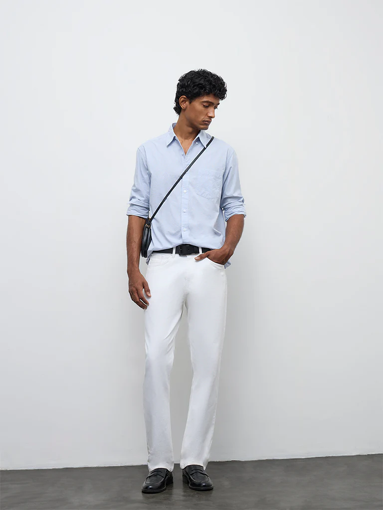 WES Casuals Light Blue Checkered Relaxed-Fit Cotton Shirt