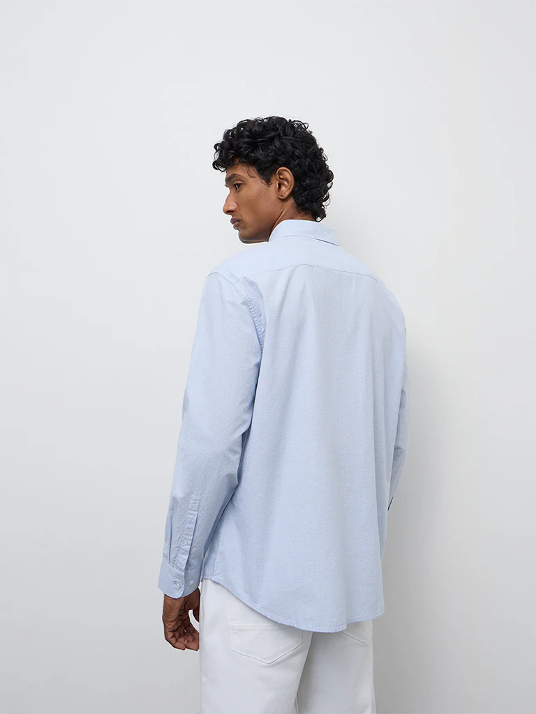 WES Casuals Light Blue Checkered Relaxed-Fit Cotton Shirt - Image 4