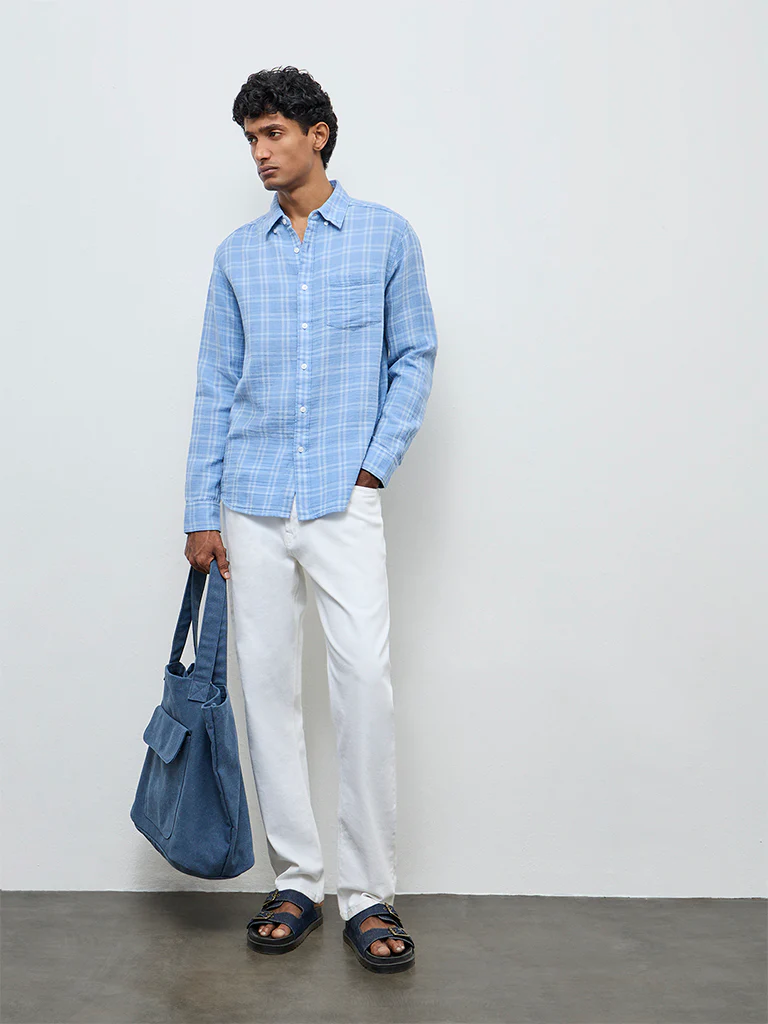 WES Casuals Light Blue Checks Relaxed-Fit Cotton Shirt