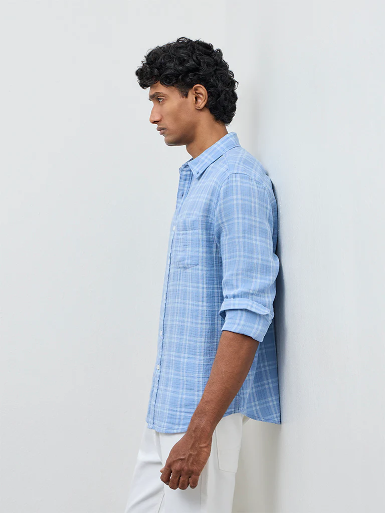 WES Casuals Light Blue Checks Relaxed-Fit Cotton Shirt - Image 3