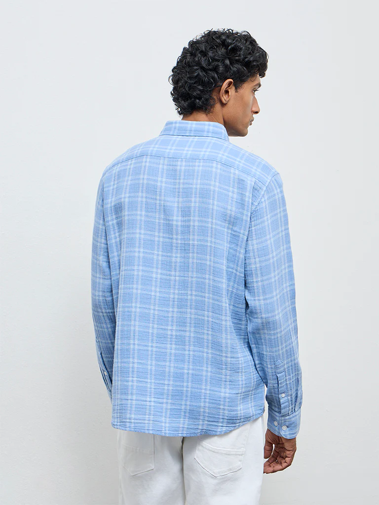 WES Casuals Light Blue Checks Relaxed-Fit Cotton Shirt - Image 5