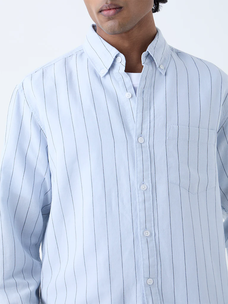 WES Casuals Light Blue Pinstriped Relaxed-Fit Cotton-Blend Shirt - Image 3