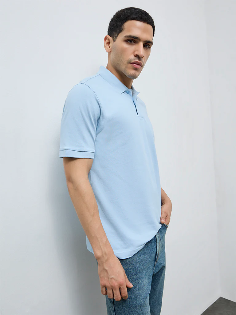 WES Casuals Light Blue Relaxed-Fit Cotton-Blend Polo T-Shirt - Image 3
