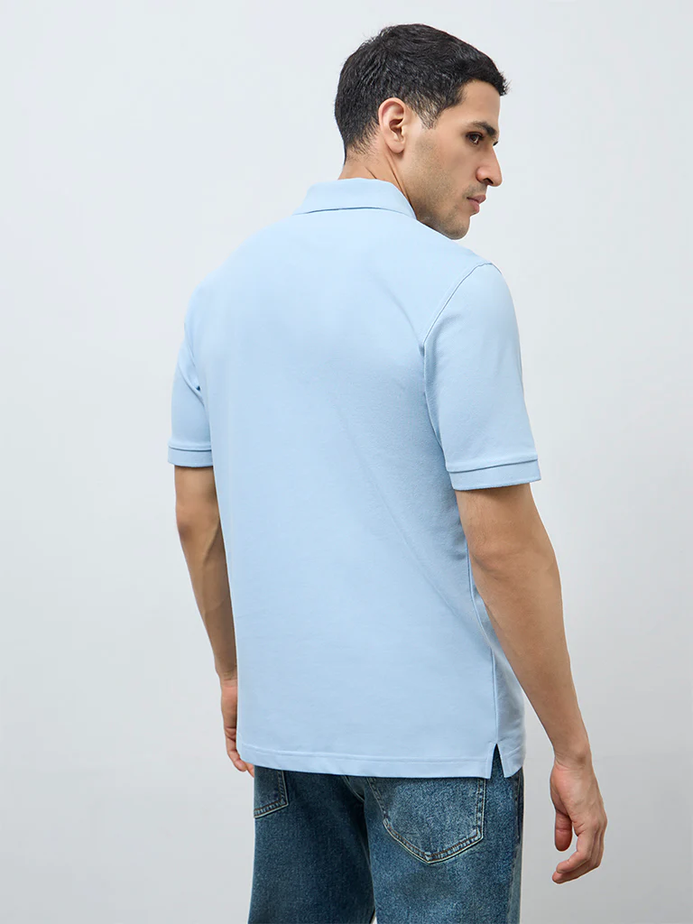 WES Casuals Light Blue Relaxed-Fit Cotton-Blend Polo T-Shirt - Image 5