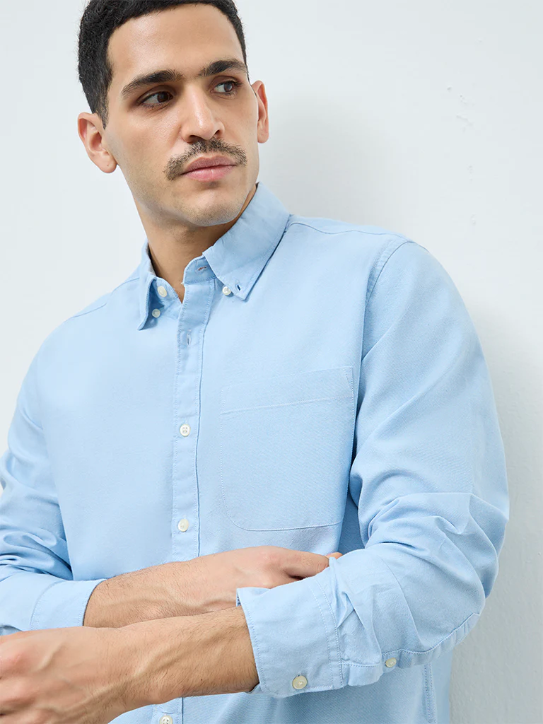 WES Casuals Light Blue Solid Relaxed-Fit Cotton Shirt - Image 4