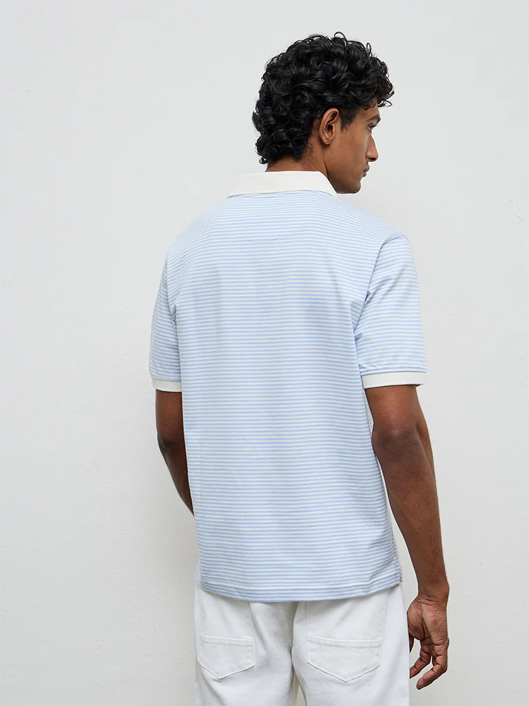 WES Casuals Light Blue Striped Relaxed-Fit Cotton-Blend Polo T-Shirt - Image 5