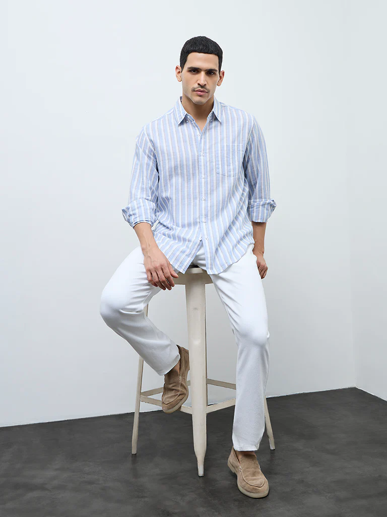 WES Casuals Light Blue Striped Relaxed-Fit Cotton-Blend Shirt