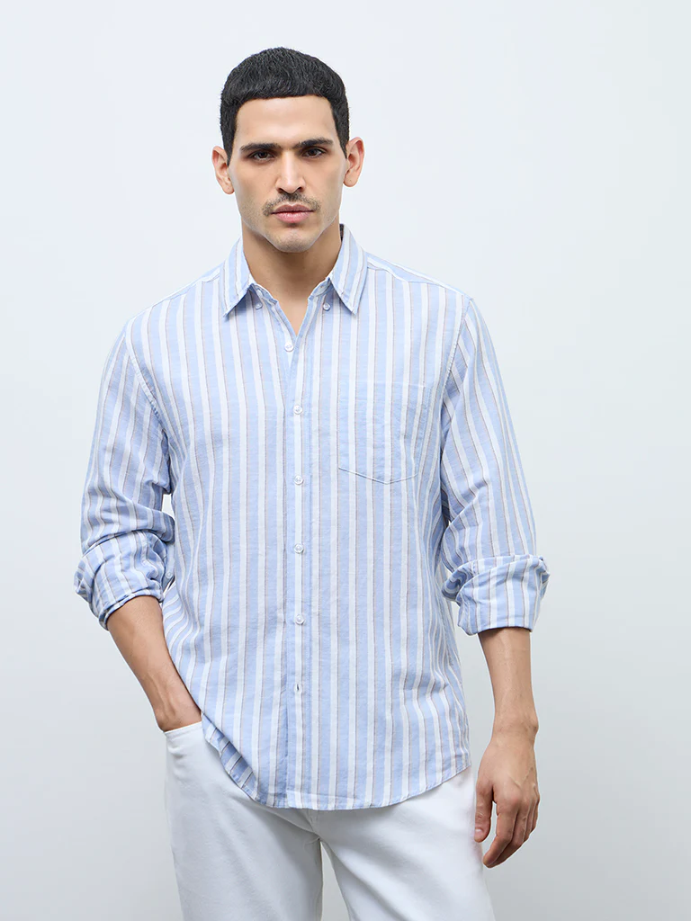 WES Casuals Light Blue Striped Relaxed-Fit Cotton-Blend Shirt - Image 2