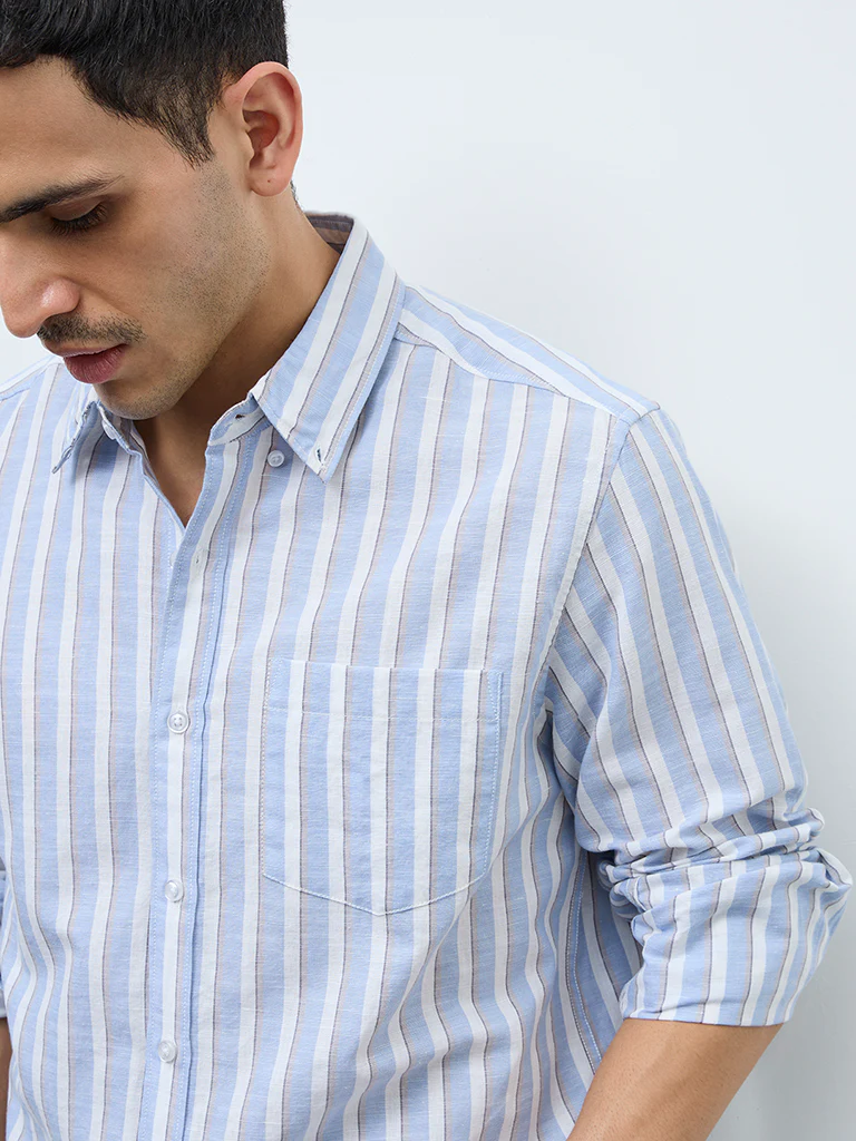 WES Casuals Light Blue Striped Relaxed-Fit Cotton-Blend Shirt - Image 3