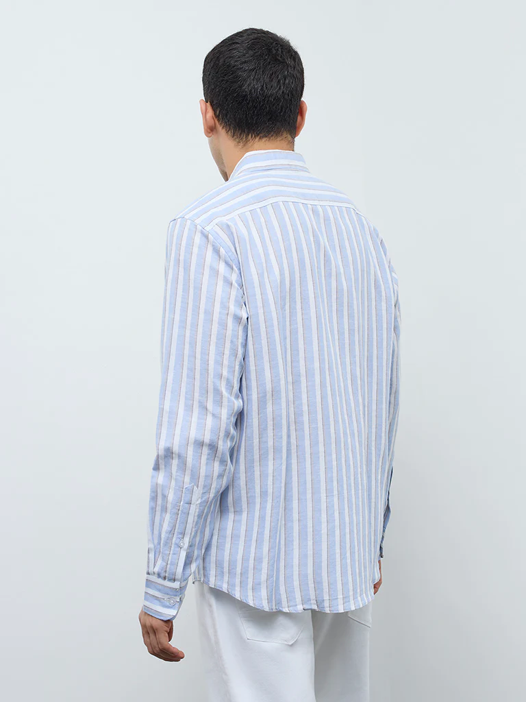 WES Casuals Light Blue Striped Relaxed-Fit Cotton-Blend Shirt - Image 4