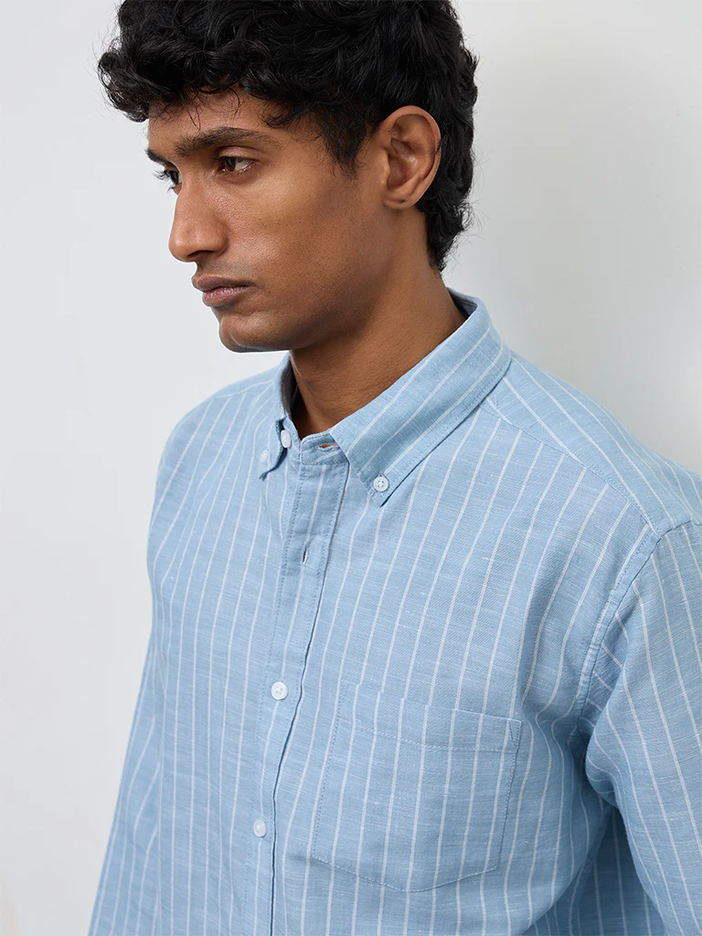 WES Casuals Light Blue Striped Relaxed-Fit Cotton-Blend Shirt - Image 3