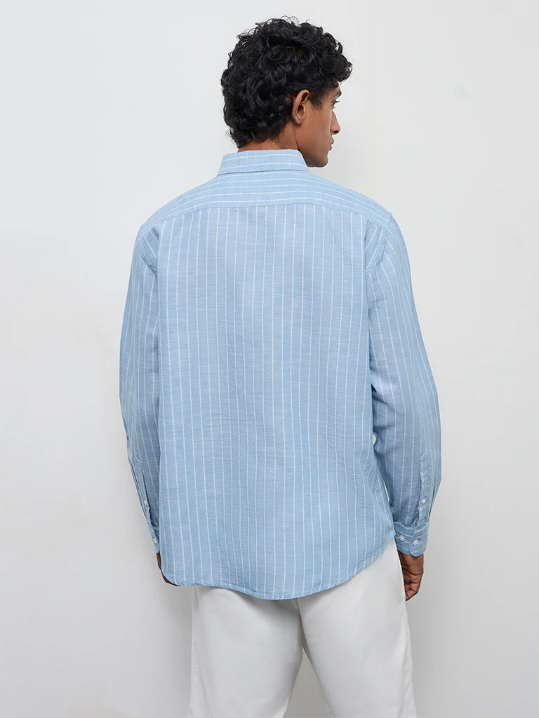 WES Casuals Light Blue Striped Relaxed-Fit Cotton-Blend Shirt - Image 4