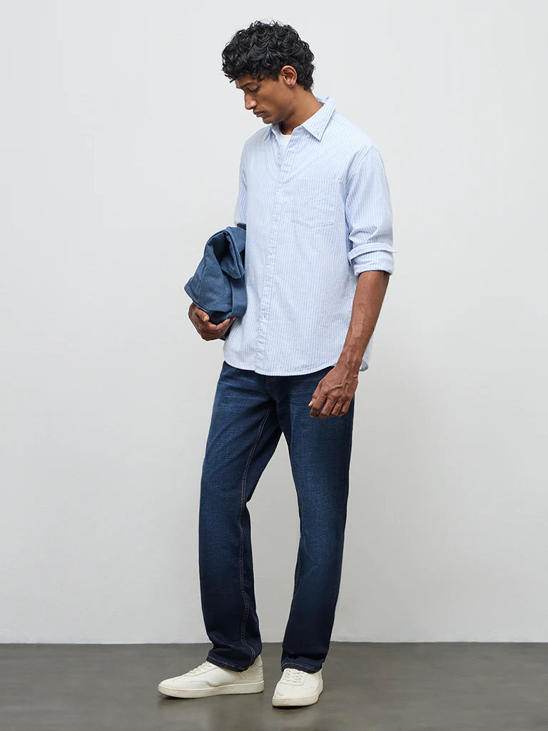 WES Casuals Light Blue Striped Relaxed-Fit Cotton Shirt - Image 2