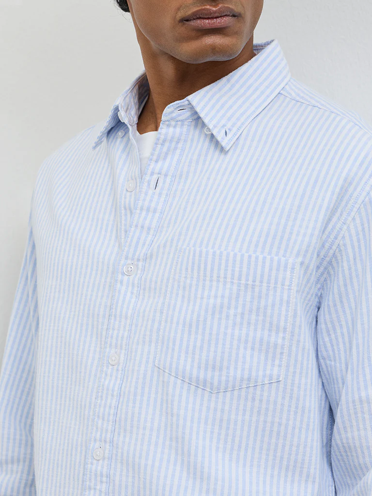 WES Casuals Light Blue Striped Relaxed-Fit Cotton Shirt - Image 3
