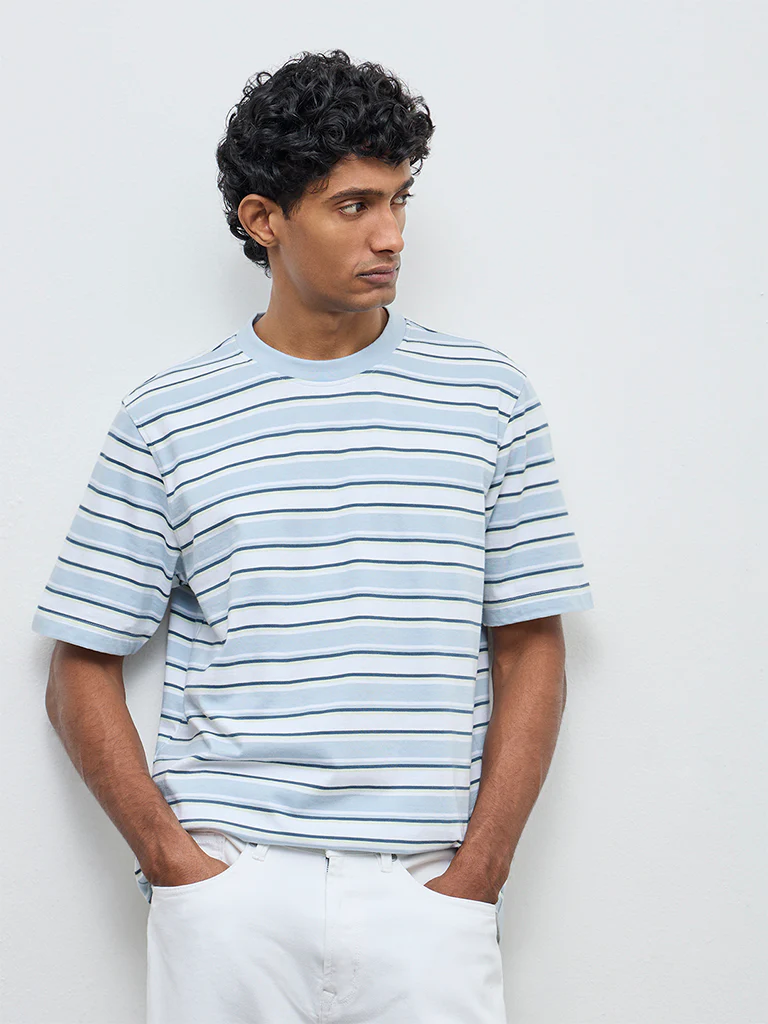 WES Casuals Light Blue Striped Relaxed Fit Cotton T-Shirt - Image 3