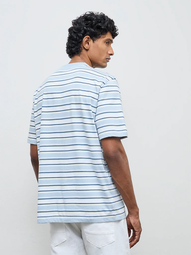 WES Casuals Light Blue Striped Relaxed Fit Cotton T-Shirt - Image 5