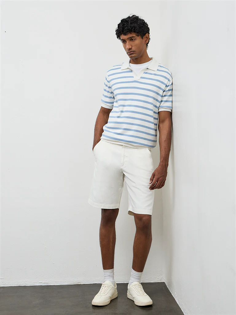 WES Casuals Light Blue Striped Relaxed-Fit Cotton T-Shirt - Image 3