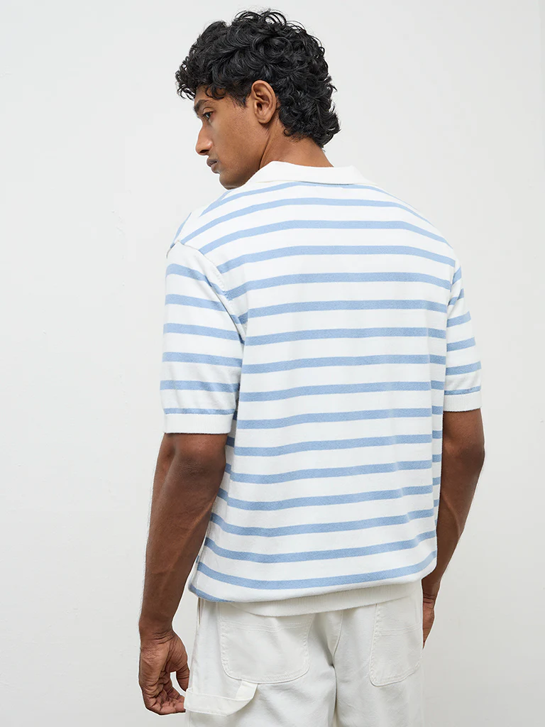 WES Casuals Light Blue Striped Relaxed-Fit Cotton T-Shirt - Image 5