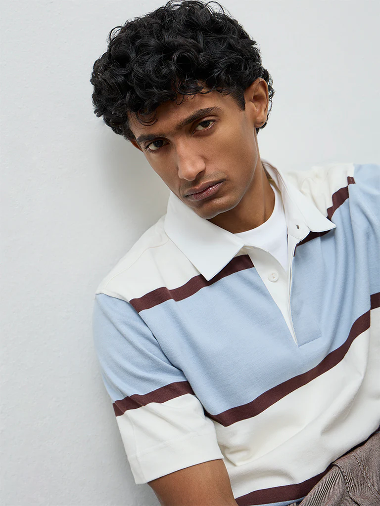 WES Casuals Light Blue Striped Relaxed Fit Polo T-Shirt - Image 4